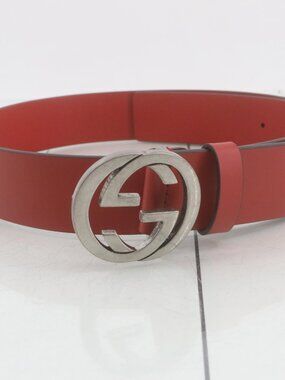 Authentic Gucci Red Leather Belt with Silver Interlocking G Buckle